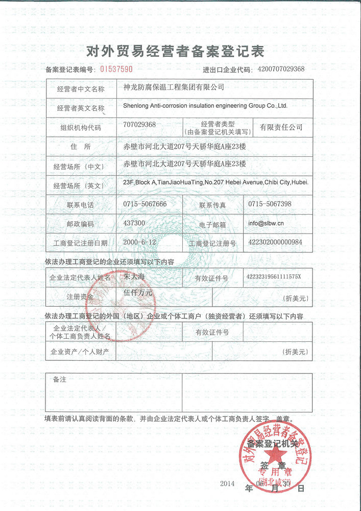 對外貿易經(jīng)營者登記表